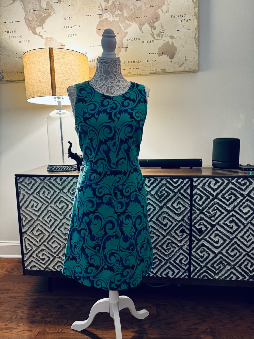 Sleeveless Teal and Black Floral Fit-and-Flare Dress NWOTS
